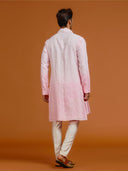Cream and Pink Silk-Blend Ombre Kurta Set with Thread Embroidery Paired with Cream Bottom - KORANM
