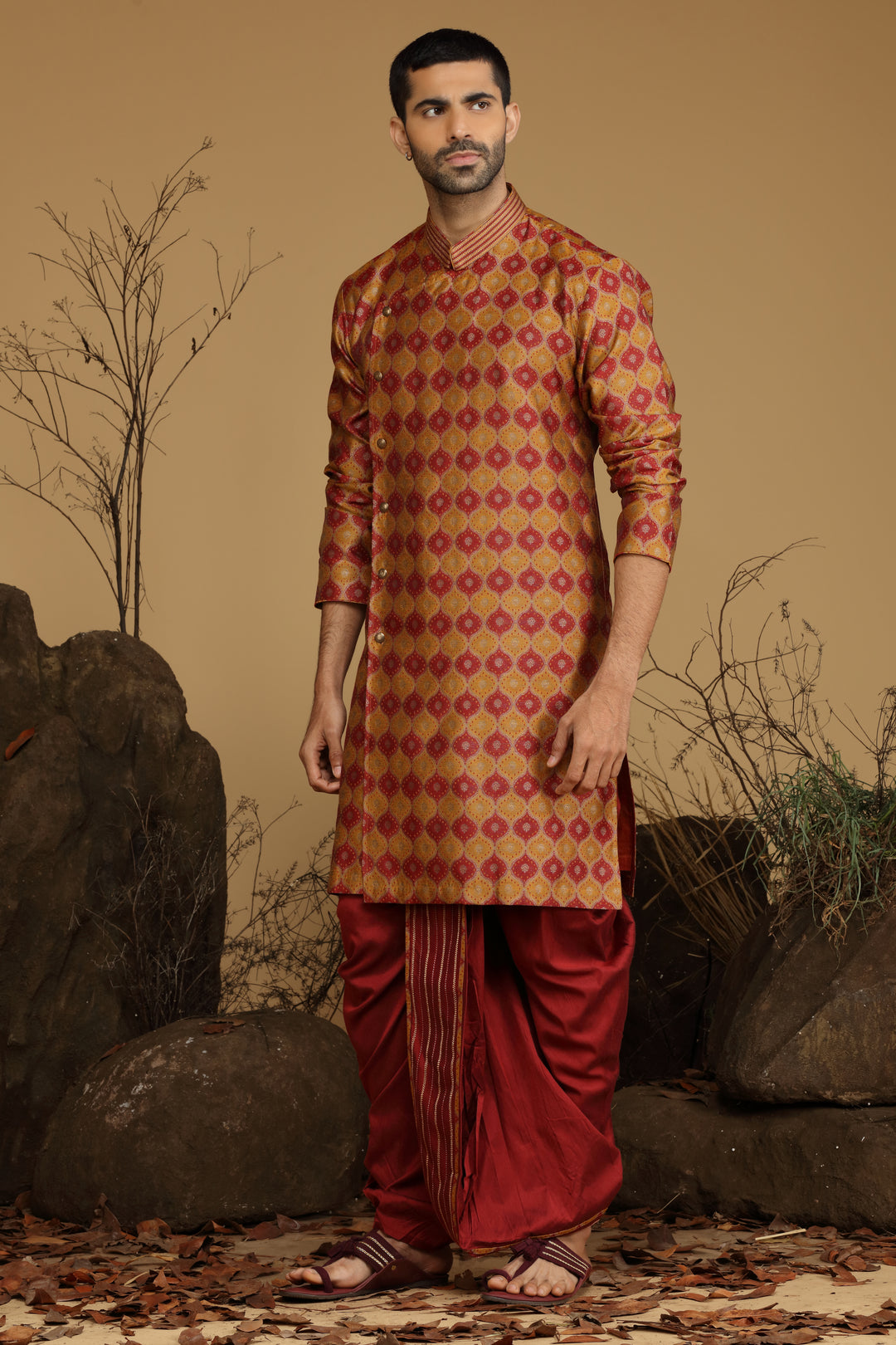 Maroon and Yellow Silk Kurta Dhoti Set