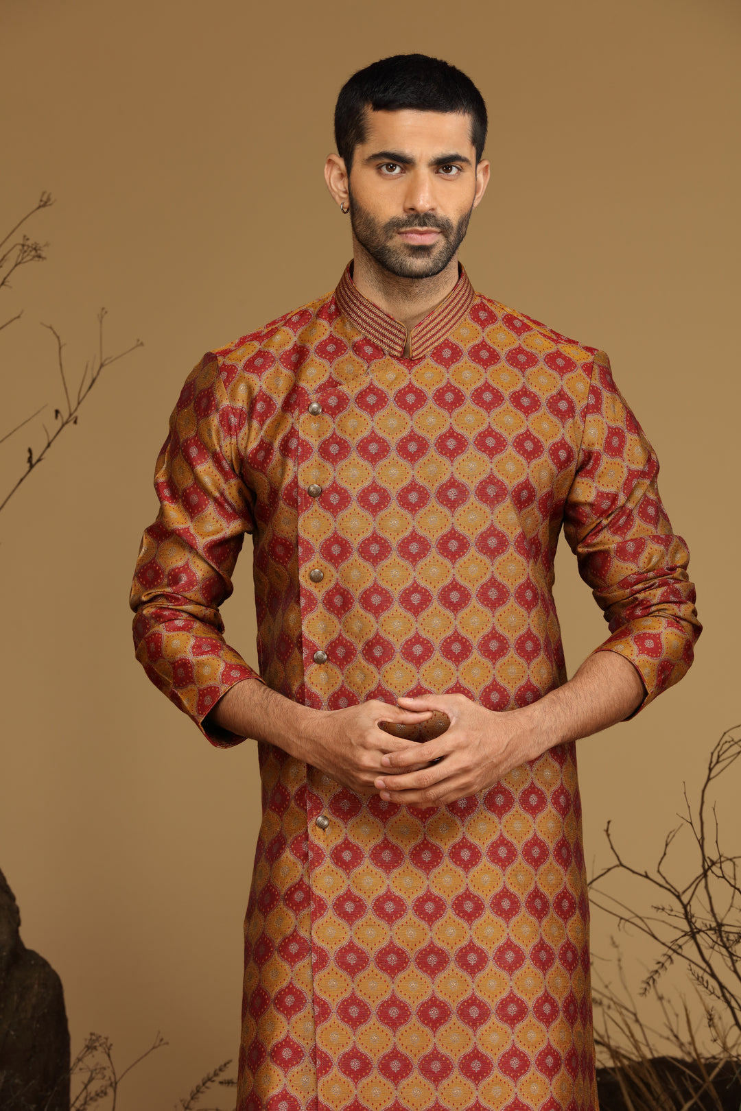 Maroon and Yellow Silk Kurta Dhoti Set