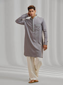 Grey Silk Kurta Set with Self-Color Embroidery Paired with White Bottom - KORANM