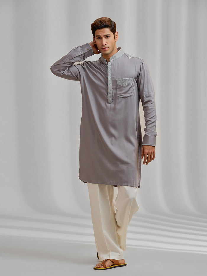 Grey Silk Kurta Set with Self-Color Embroidery Paired with White Bottom - KORANM