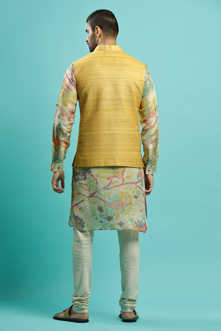 Floral Printed Kurta With Classic Yellow Bandi Jacket Set