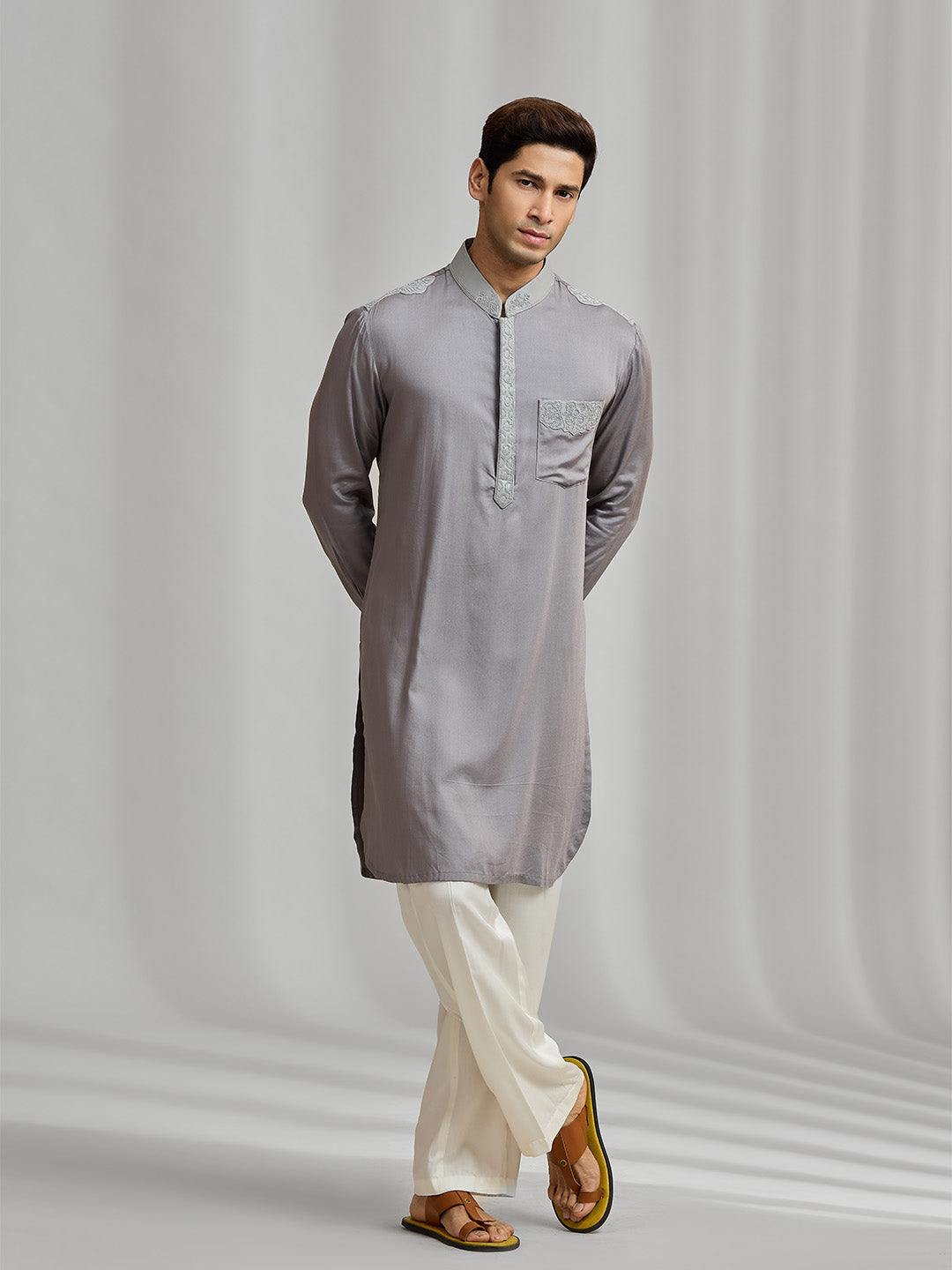 Grey Silk Kurta Set with Self-Color Embroidery Paired with White Bottom - KORANM