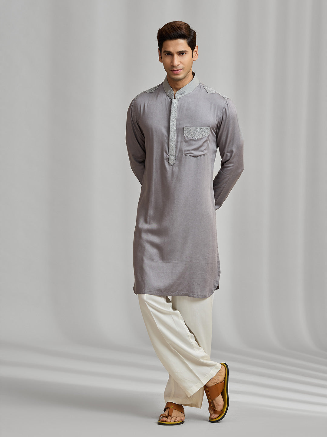 Grey Silk Kurta Set with Self-Color Embroidery Paired with White Bottom - KORANM