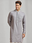Grey Silk Kurta Set with Self-Color Embroidery Paired with White Bottom - KORANM