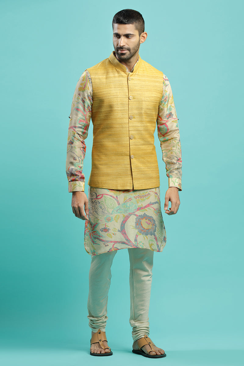 Floral Printed Kurta With Classic Yellow Bandi Jacket Set