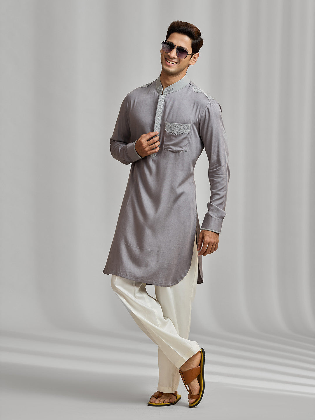Grey Silk Kurta Set with Self-Color Embroidery Paired with White Bottom - KORANM