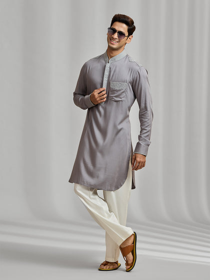 Grey Silk Kurta Set with Self-Color Embroidery Paired with White Bottom.