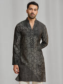 Black and cream silk-blend kurta featuring a multi-patterned geometric design with white bottoms. - KORANM