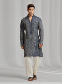 Blue and cream silk-blend kurta featuring a patchwork-style print, paired with white bottoms. - KORANM