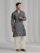 Blue and cream silk-blend kurta featuring a patchwork-style print, paired with white bottoms. - KORANM