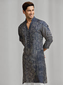 Blue and cream silk-blend kurta featuring a patchwork-style print, paired with white bottoms. - KORANM