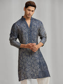 Blue and cream silk-blend kurta featuring a patchwork-style print, paired with white bottoms. - KORANM