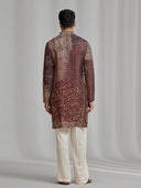 Maroon and cream silk-blend kurta with a multi-patterned layout print, paired with cream bottoms. - KORANM