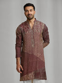 Maroon and cream silk-blend kurta with a multi-patterned layout print, paired with cream bottoms. - KORANM