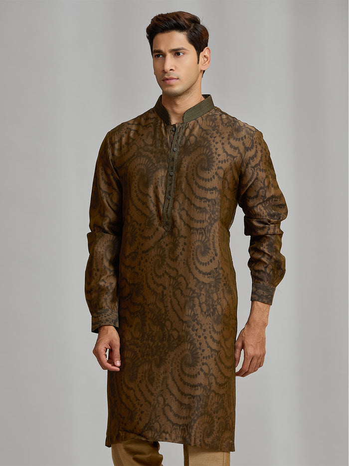 Olive silk-blend kurta with rhythmic print, paired with antique gold Aligarhi pants. - KORANM
