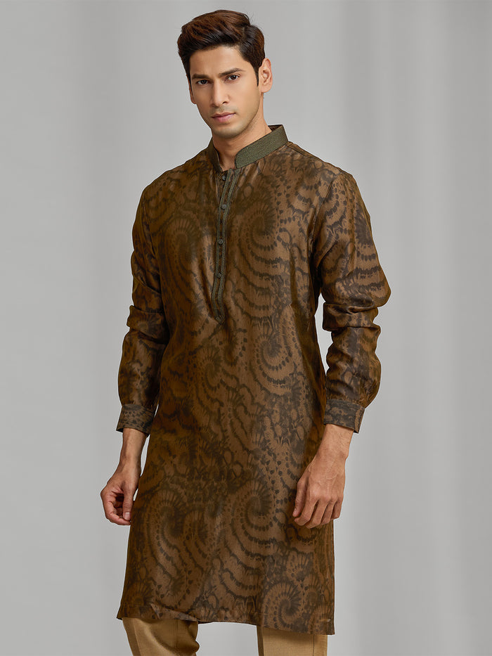Olive silk-blend kurta with rhythmic print, paired with antique gold Aligarhi pants. - KORANM