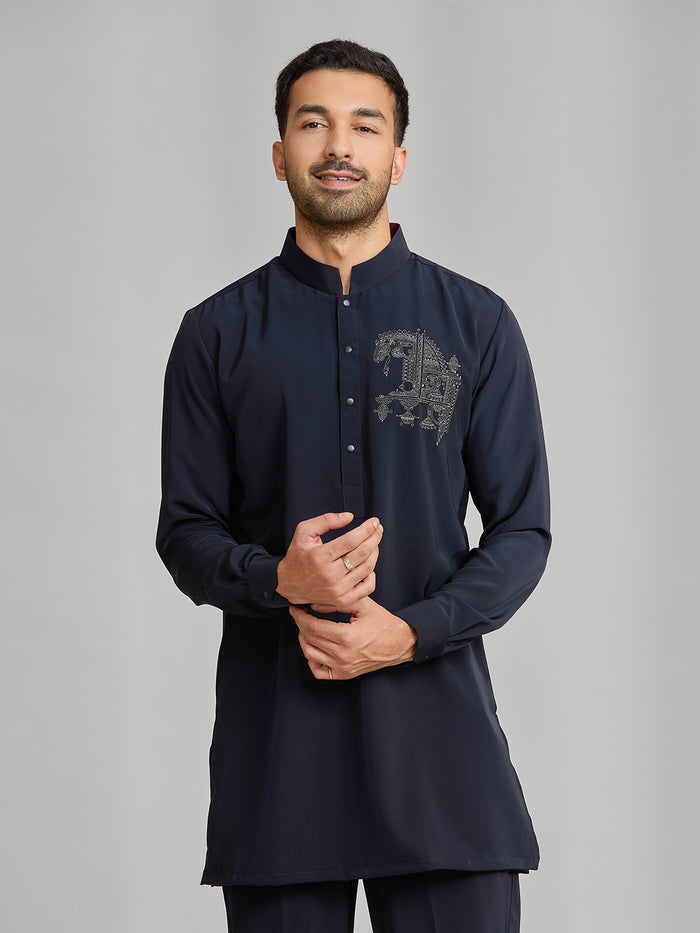 Navy Silk Motif Kurta Set - KORANM