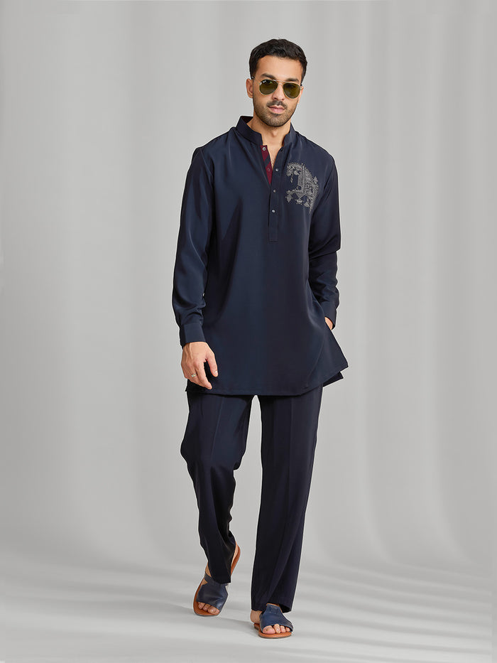 Navy Silk Motif Kurta Set - KORANM