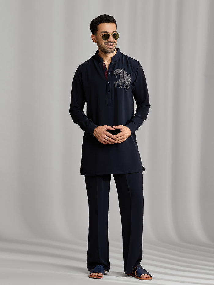 Navy Silk Motif Kurta Set - KORANM
