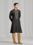 Black Silk Kurta and Dupatta Set with Highlight Embroidery - KORANM