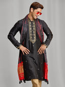 Black Silk Kurta and Dupatta Set with Highlight Embroidery - KORANM