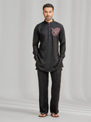 Black Silk Kurta Set Featuring Phoenix Motif Embroidery - KORANM