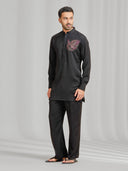 Black Silk Kurta Set Featuring Phoenix Motif Embroidery - KORANM