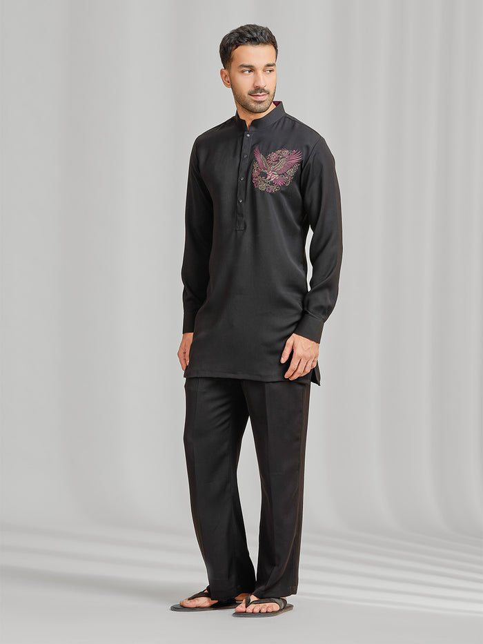 Black Silk Kurta Set Featuring Phoenix Motif Embroidery - KORANM