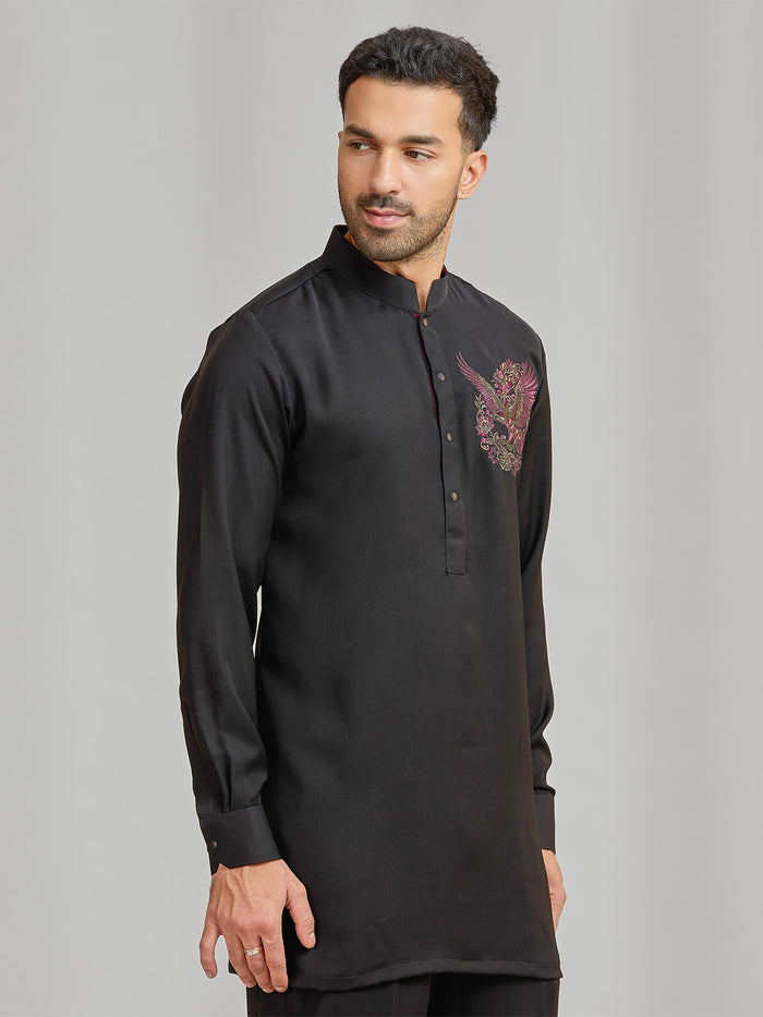 Black Silk Kurta Set Featuring Phoenix Motif Embroidery - KORANM