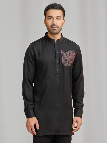 Black Silk Kurta Set Featuring Phoenix Motif Embroidery