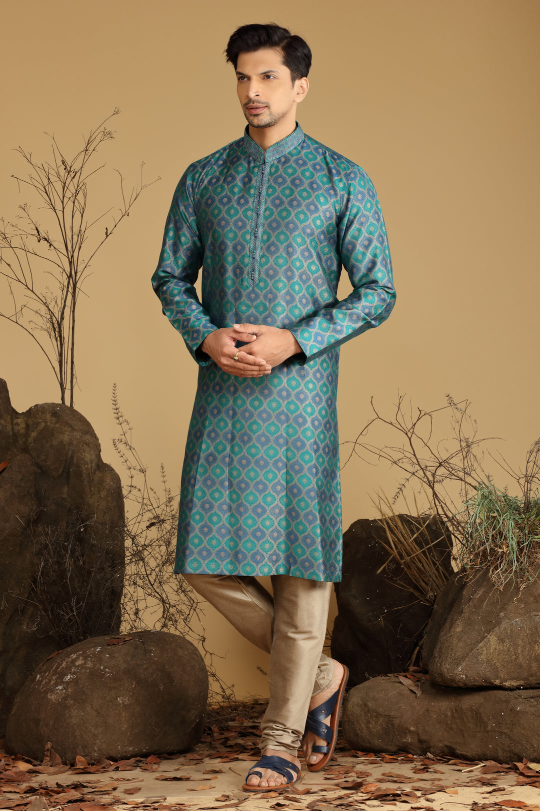 Rama Green Blended Silk Kurta Pajama Set