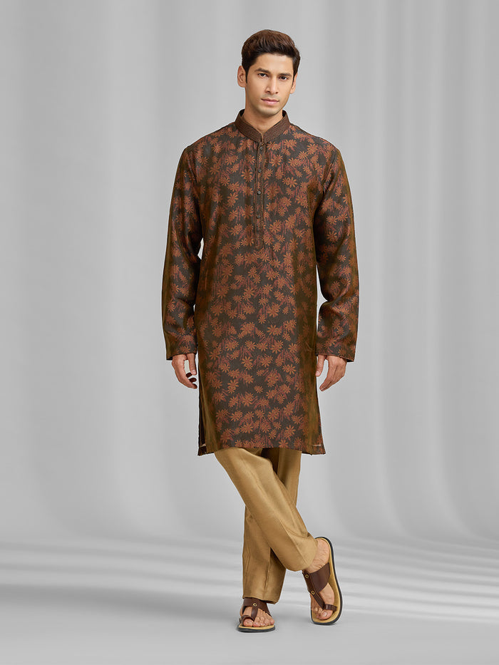 Umber & Olive Botanical Silk Kurta Set - KORANM