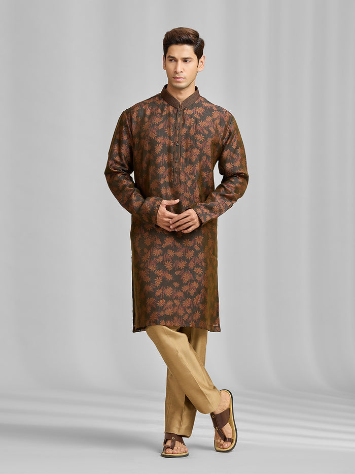 Umber & Olive Botanical Silk Kurta Set - KORANM