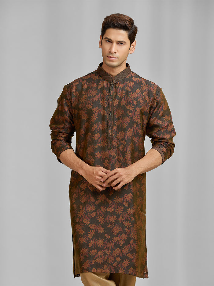 Umber & Olive Botanical Silk Kurta Set - KORANM
