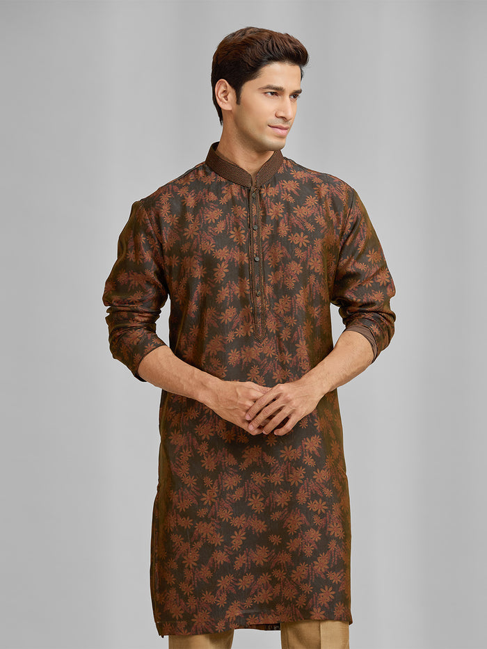 Umber & Olive Botanical Silk Kurta Set - KORANM