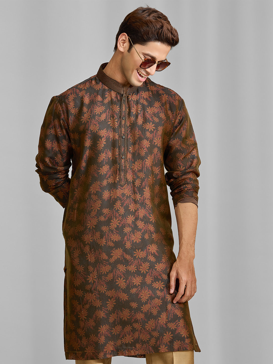 Umber & Olive Botanical Silk Kurta Set - KORANM