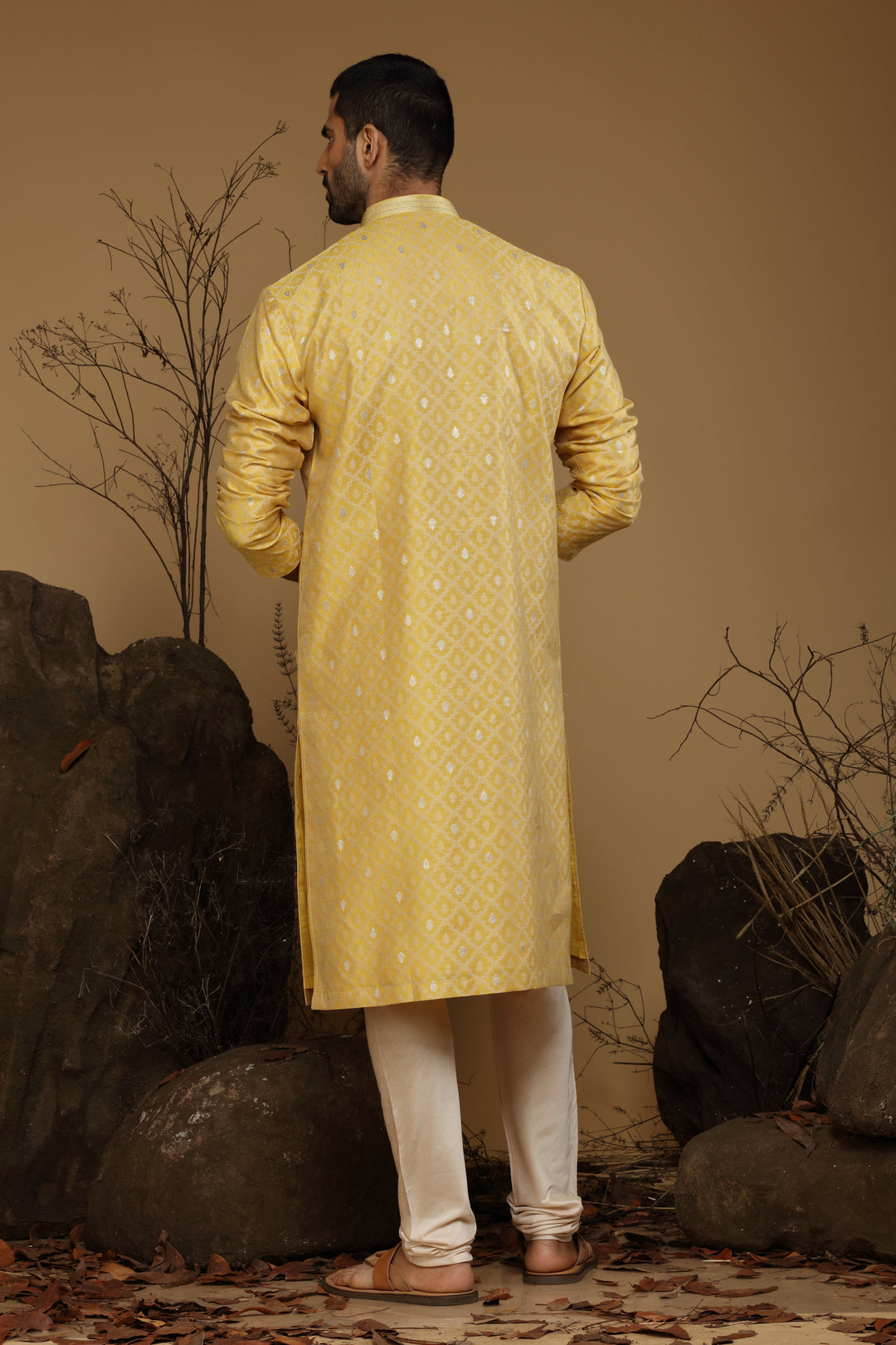 Amber Yellow Blended Benarasi Silk Kurta Set