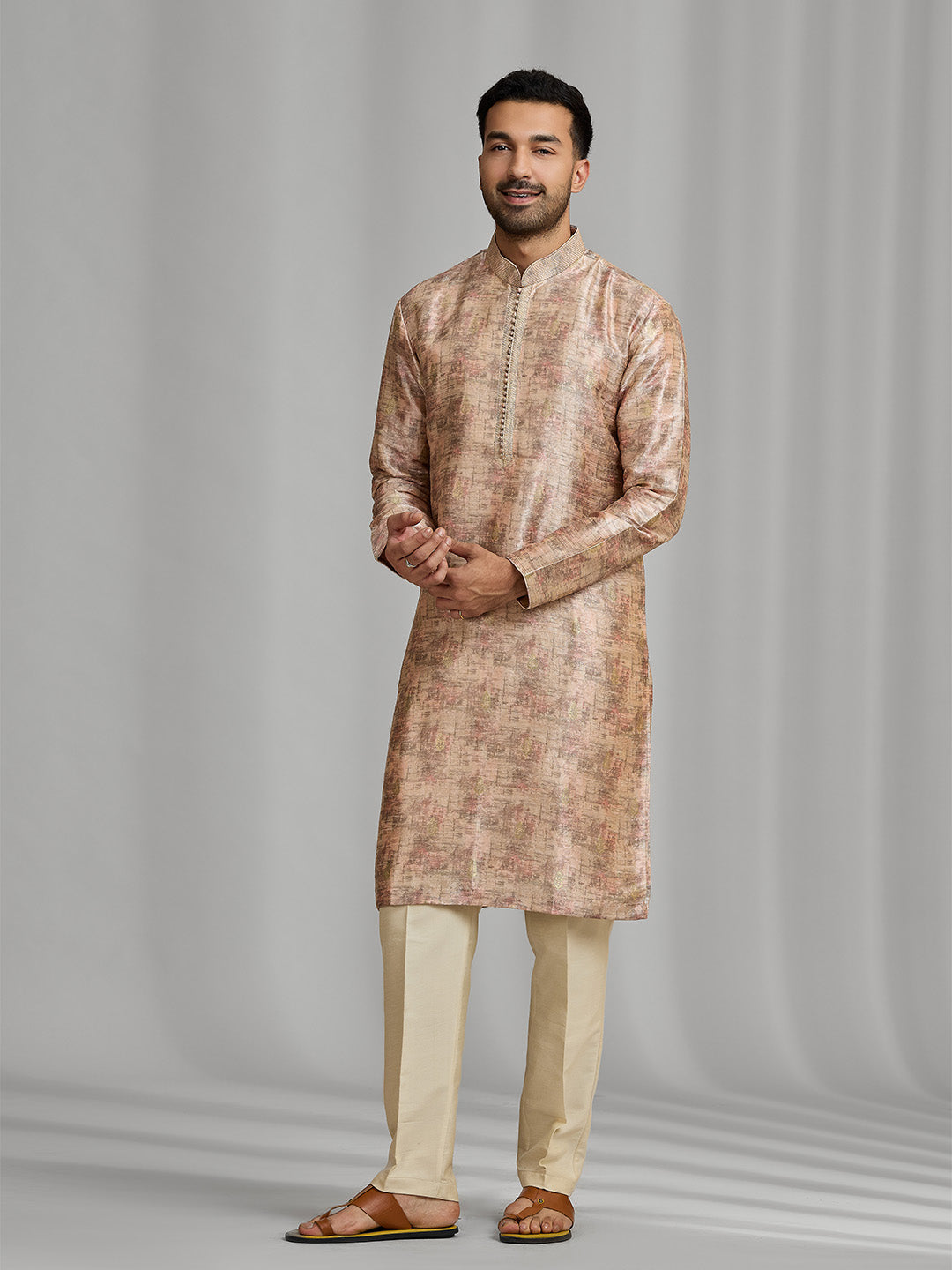 Sunset Peach Textured Silk Kurta Set - KORANM