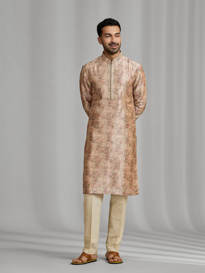 Sunset Peach Textured Silk Kurta Set - KORANM