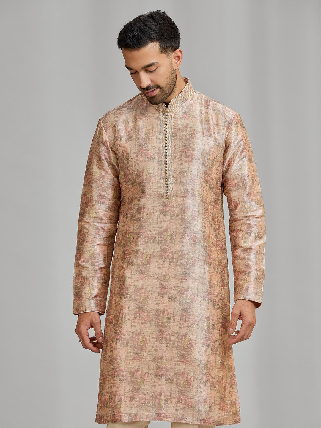 Sunset Peach Textured Silk Kurta Set - KORANM
