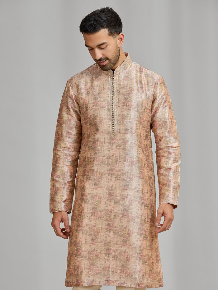 Sunset Peach Textured Silk Kurta Set - KORANM