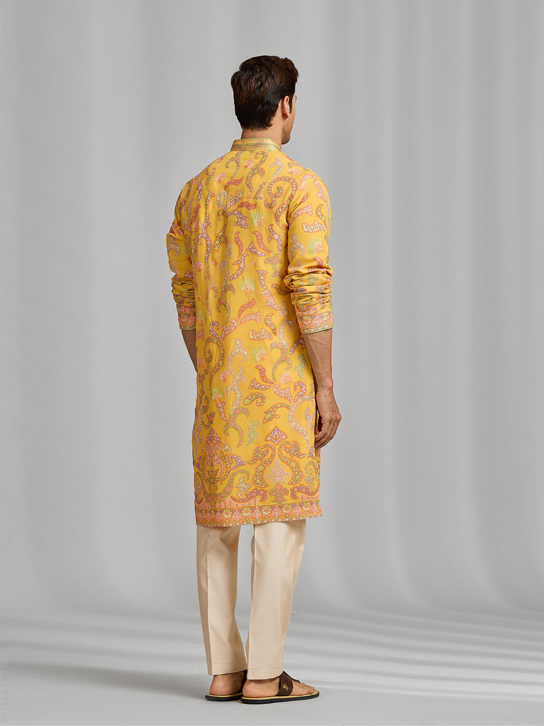 Saffron Yellow Silk Kurta with Multi-Tonal Floral Embroidery for Men