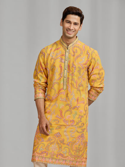 Saffron Yellow Silk Kurta with Multi-Tonal Floral Embroidery