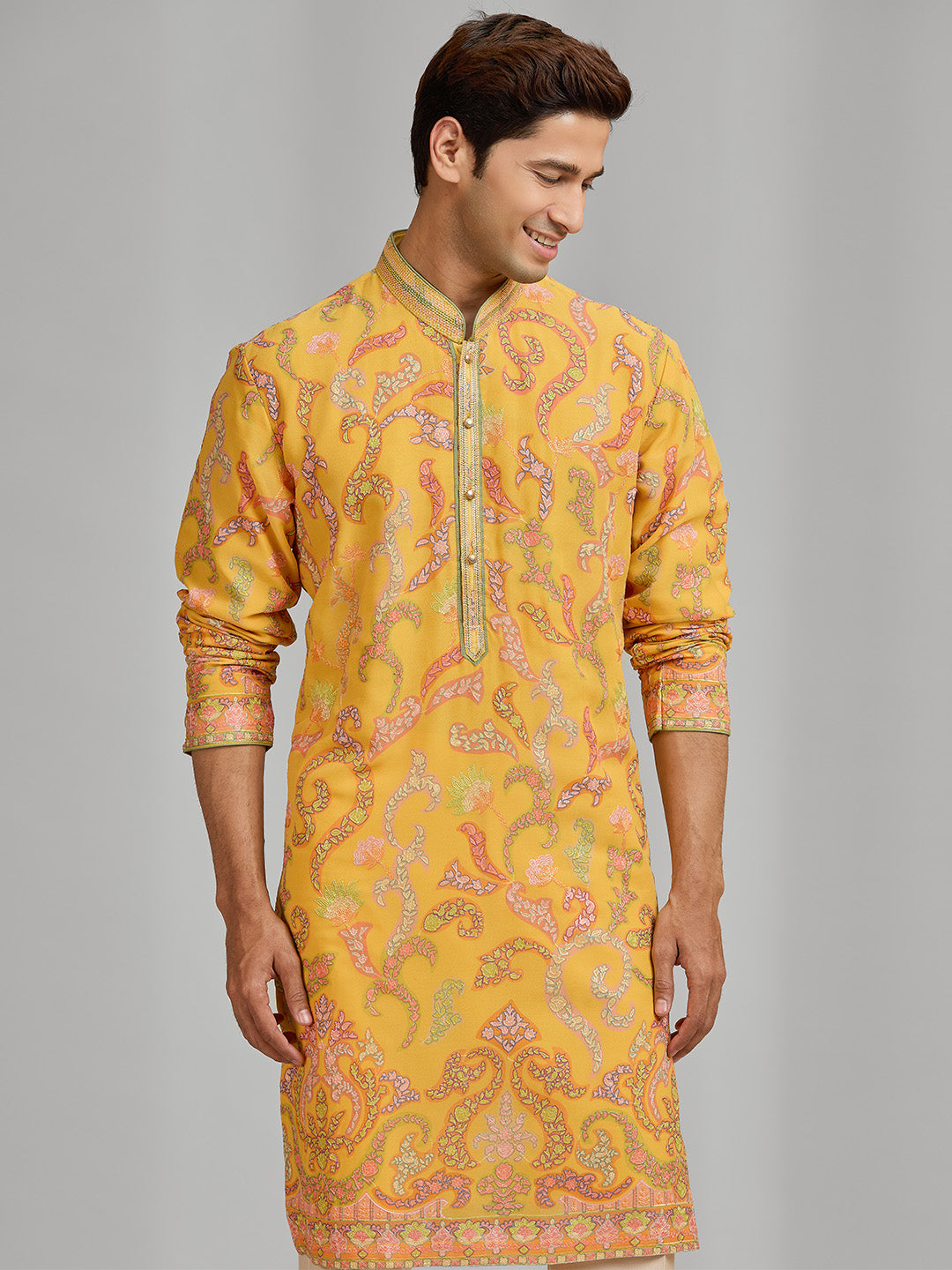 Saffron Yellow Silk Kurta with Multi-Tonal Floral Embroidery for Men