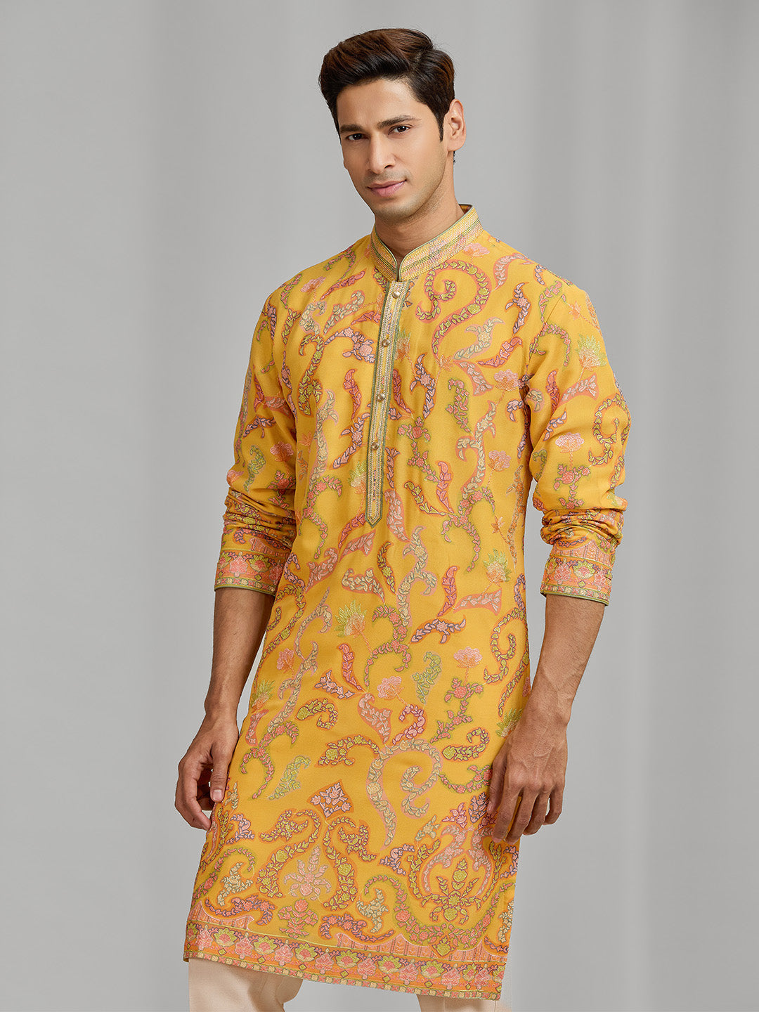 Saffron Yellow Silk Kurta with Multi-Tonal Floral Embroidery for Men