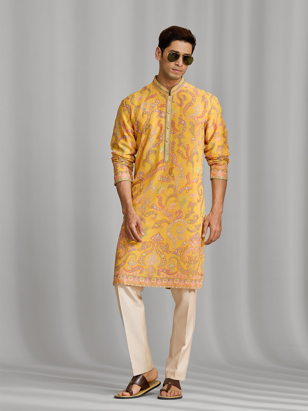 Saffron Yellow Silk Kurta with Multi-Tonal Floral Embroidery for Men