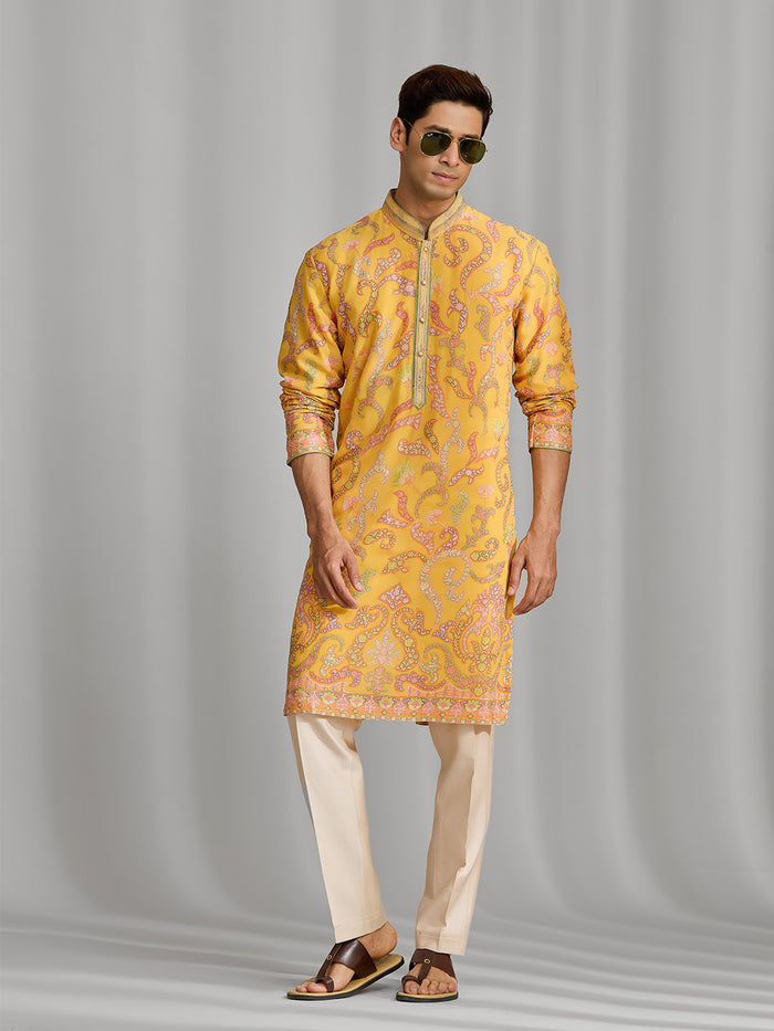 Saffron Yellow Silk Kurta with Multi-Tonal Floral Embroidery