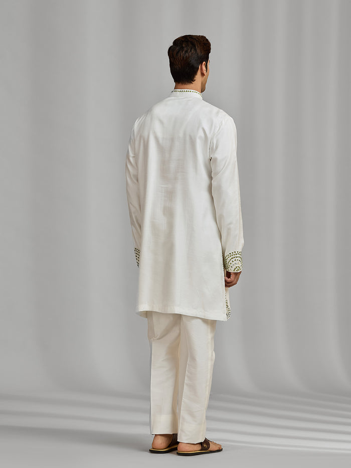 White Silk Mirror-Embellished Kurta Ensemble with White Aligarhi Pant - KORANM