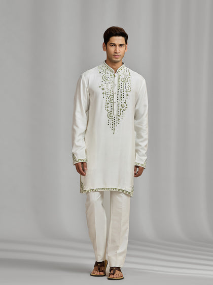 White Silk Mirror-Embellished Kurta Ensemble with White Aligarhi Pant